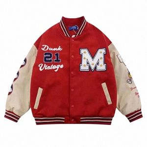 Vestes de baseball rouges Hommes Hip Hop Streetwear Lettre Broderie College Veste Harajuku Surdimensionné Patchwork Varsity Manteaux Unisexe 94Je #
