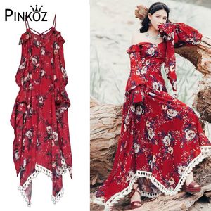 Rood Beach Lantaarn Lange Mouw Ruffles Slash Neck Asymmetrische Floral Gedrukt Kwastje Maxi Jurk Zomer Party Verjaardag Chic 210421