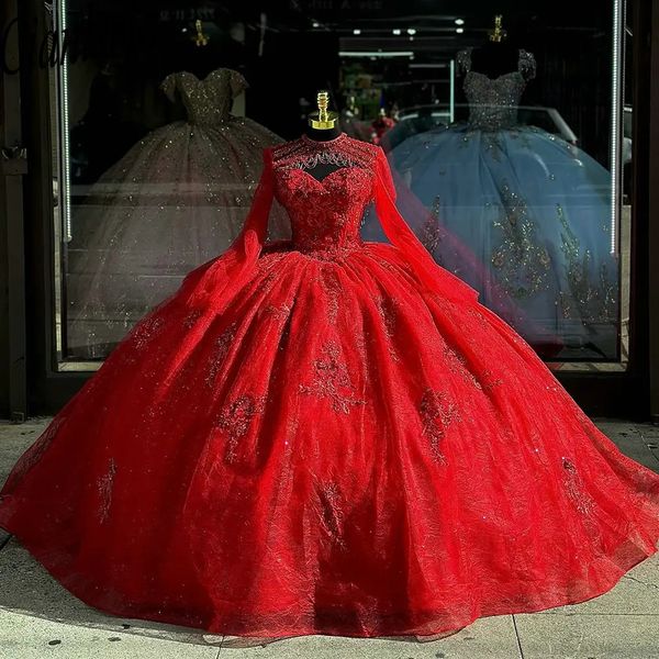 Vestido de fiesta de cristal con cuentas rojas, vestidos de quinceañera con chaqueta, apliques de encaje, dulce 15 cumpleaños