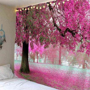 Rouge Grand Arbre Tapisseries Murales Mandala Art Tapis Bohème Trippy Tapiz Esthétique Forêt Nature Paysage Ferme Boho Décor À La Maison J220804