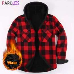 Red Black Hooded Plaid Western Cowboy Winter Shirt Jacket voor mannen Fleece Linend Flanel Casual Warm Geroold shirt Male chemise 240329