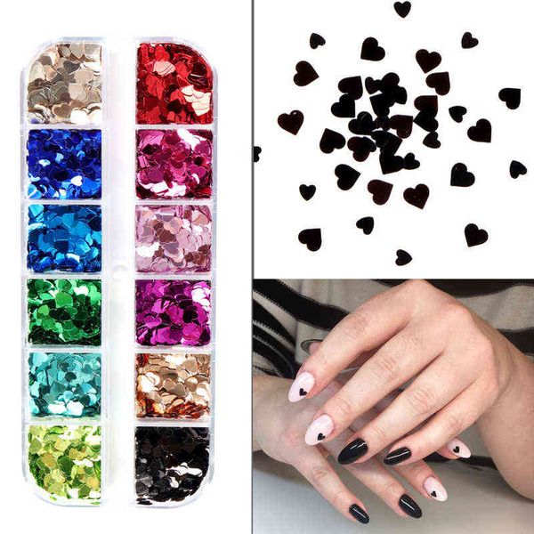 Rojo Negro Nail Art Lentejuelas Sweet Love Hearts Shaped Glitter Flakes Decoraciones de uñas Accesorios Día de San Valentín Diseño de manicura Y220408