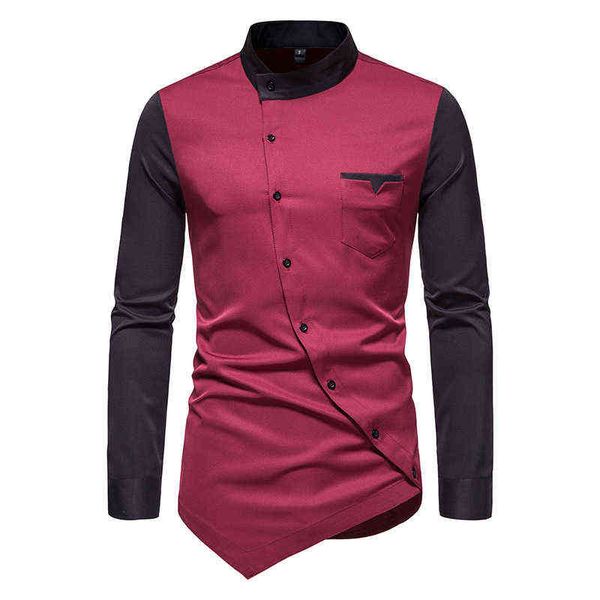 Camisa de retazos roja y negra para Hombre, camisas de vestir de manga larga ajustadas de marca 2022 para Hombre, Camisa Henley informal de negocios, Camisa para Hombre L220704