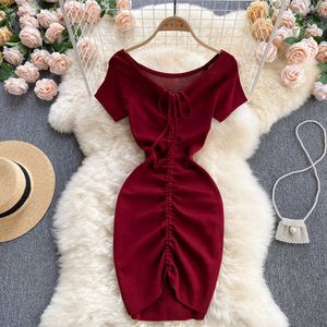 Red / noir / rose sexy cordon de serrage en tricot-tricot-bodon robe femme décontractée manche courte haute taille vestidos féminin été 2021 Nouveau Y0603