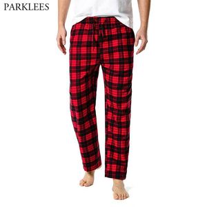 Rouge Noir Plaid Pyjama Pantalon Hommes Se Détendre Maison Décontractée PJs Sommeil Bas Hommes Flanelle Coton Cordon Bouton Fly Vêtements De Nuit 210522