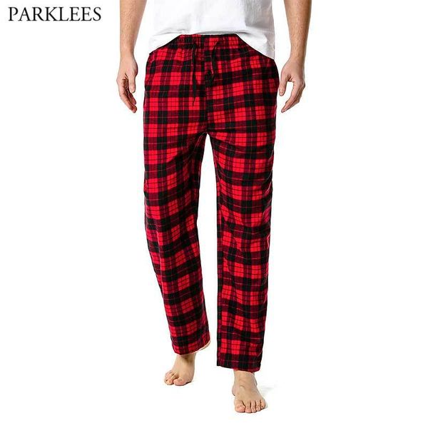 Rouge Noir Plaid Pyjama Pantalon Hommes Se Détendre Maison Décontractée PJs Sommeil Bas Hommes Flanelle Coton Cordon Bouton Fly Vêtements De Nuit 210522