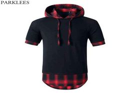 Patchwork à plaid noir Red Tshirt à capuche Extra Long Men Hip Hop Hop Sleeve Casual T-shirt Homme Casual Harajuku Streetwear Tees G8677676