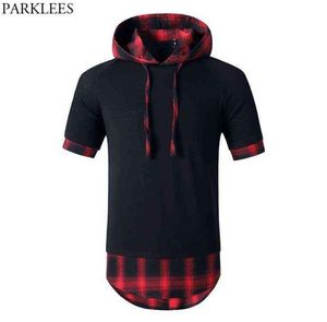 Patchwork noir à plaid rouge Tshirt à capuche extra longé Men Hip Hop Hop Sleeve Casual T-shirt Homme Casual Harajuku Streetwear Tees G1944355