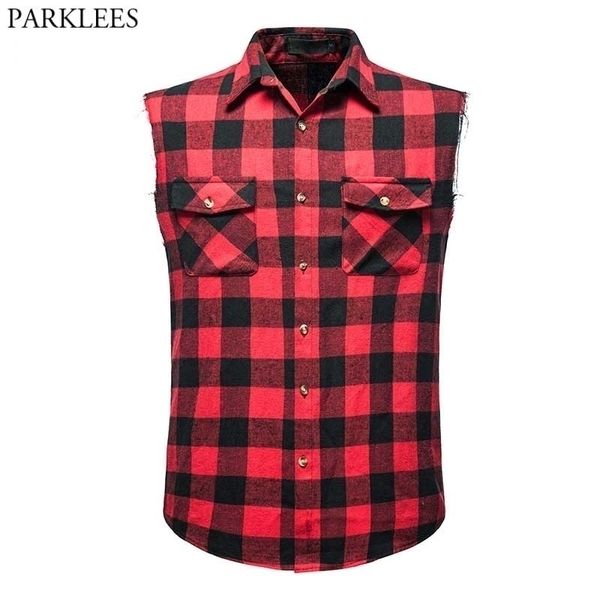 Camisa sin mangas a cuadros roja y negra para hombre, camisa a presión de franela con botones de vaquero, chaleco de talla grande de algodón para hombre, Top a cuadros Chemise 2XL 210522