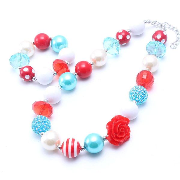 Ensemble de collier et bracelet épais de couleur rouge et bleu, perles de fleurs à la mode, ensemble de bijoux pour enfants filles Bubblegum