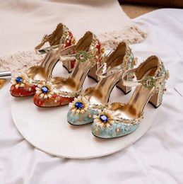 Red Blue Court Wedding Bridal Dress Shoes Rhinestone Silk Lady avond feestschoenen mode zomer gladiatoren schoenen groot formaat 35-43