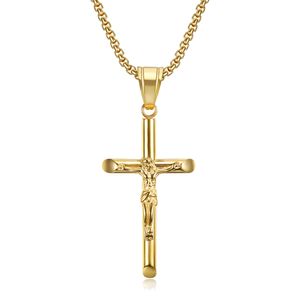 Collar con colgante de cruz de Jesús de acero inoxidable, cadena de oro, collares de hip hop para mujeres y hombres, joyería fina