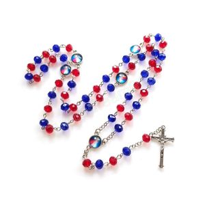 Roodblauw kristal rozenkrans dubbelzijdige kruis hanger lange kralen kettingen voor mannen vrouwen religieuze sieraden