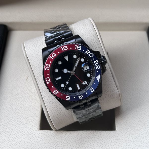 Reloj de hombre con esfera roja y azul Correa completamente negra Reloj mecánico automático de 40 mm Espejo de zafiro calendario impermeable luminoso Movimiento de acero inoxidable 904L 2813 Relojes