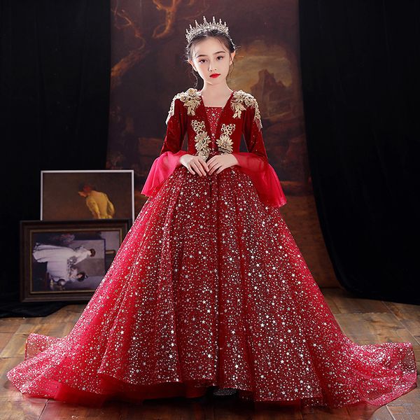 Robes de fille de fleur en dentelle bleue rouge princesse joyau coulle applique gonflée florale formel porte petit enfant de fête de fête