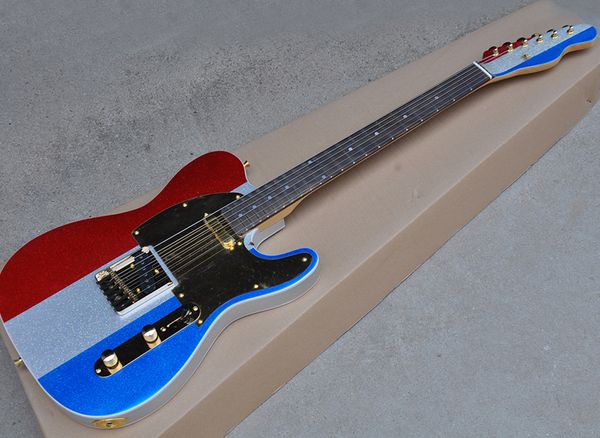 Rouge / Bleu / Argent guitare électrique avec du matériel d'or, Touche palissandre, or pickguard, peut-être personnalisé comme demande