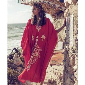 Rouge Bohème Floral Brodé Lâche Robe De Plage D'été Caftan Marocain Plus La Taille Femmes Street Wear Robe Midi Sarong Q855 220510