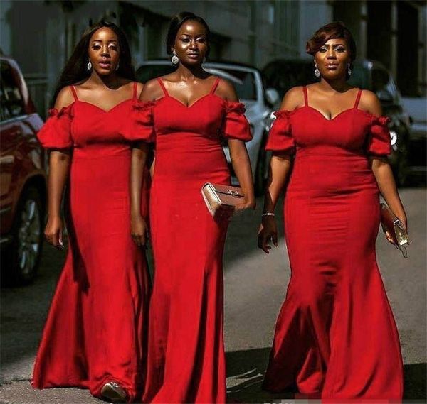 Rouge Boho épaule froide manches robes de mariée africaines, plus la taille 2020 dos nu longue robe de demoiselle d'honneur robes de soirée de bal fête de mariée