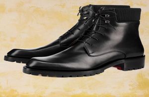 Rouge Botom Men Plate-forme de botte de cheville Lug Sole en caoutchouc Trapman Black Tricoted and Calf Leather Lacet Up Outdoor Footwear Trainers 38471829030