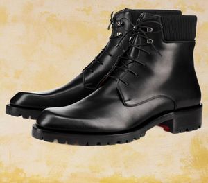 Rouge Botom Men Ankle Boot Platform Lug Sole en caoutchouc Trapman Black Tricoted and Calf Leather Lacet Up Outdoor Footwear Trainers 38475867152