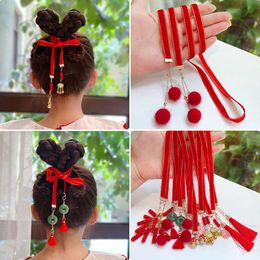 Rood gevlochten haartouw kinder Hanfu hoofddeksels Chinese stijl bellint kwastje haaraccessoire meisjes feestelijke haarband