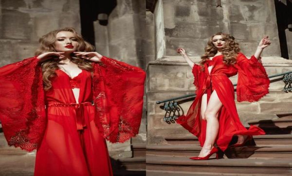 Red Bridal Sleepwear Women Broking Gown Juegos de bata de encaje