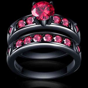 Red Bright Ring Garnet Women Lovely Wedding Sieraden Zwart goud Volledig paar Ring Set Bijoux vrouwelijke man285s