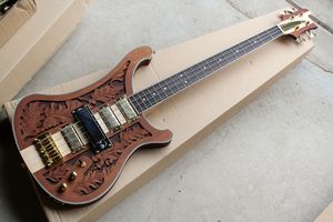 Guitare basse électrique marron rouge avec 4 cordes et matériel doré, laisse la sculpture tridimensionnelle, incrustation d'étoiles de perles blanches