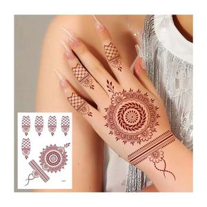 Pegatinas de tatuaje de Henna rojo-marrón, tatuajes temporales para mujeres, pegatinas de Mandala Mehndi para manos, protección corporal para mujeres, tatuaje falso