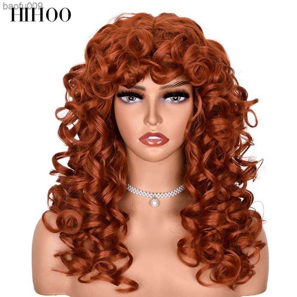 Pelucas sintéticas rizadas cortas para mujer, pelucas de ondas naturales con flequillo, pelo de Cosplay resistente al calor, pelo HIHOO L230520, marrón rojo por jengibre