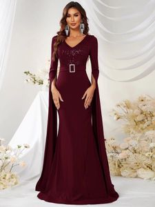 rouge bordeaux dubai sirène robes de bal à manches longues col en V plus la taille arabe paillettes perles tenue de soirée robe poète manches longues bling satin robe de soirée formelle 2023