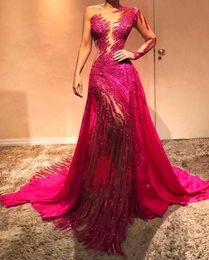 Red Bury New Sexy Sequins Mermaid Prom Dresses Illusion Sheer One Shoulder Lace Lace Lace Tulle Custom Open Back Formal Vestidos 403