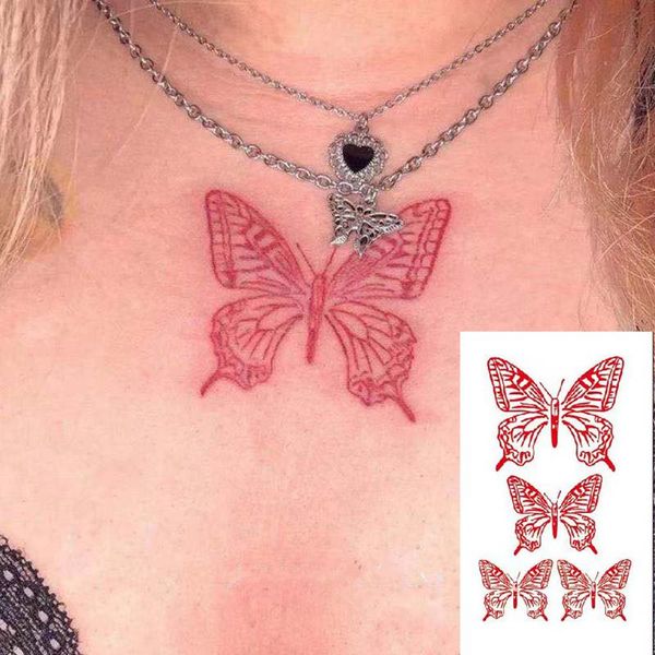 Tatuajes Temporales de mariposa roja impermeable colorido brazo muñeca pecho tatuaje falso pegatinas para mujeres Grils Flash calcomanías tatuajes