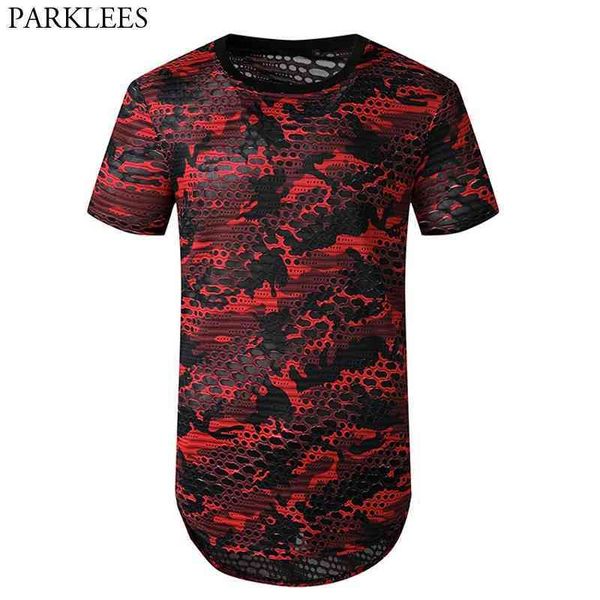 Red Camo Ripped Long Line T Shirt para hombres Hip Hop Hipster Mens Long T Shirts manga corta Casual Teeshirt Homme 2XL 210522