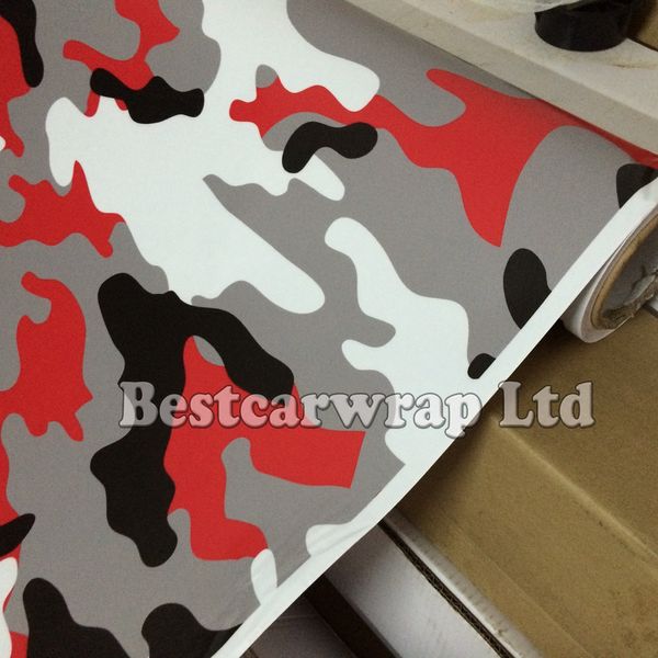 Enveloppement d'autocollant de camouflage noir blanc rouge avec film de camouflage Tiger Arctic à dégagement d'air pour la conception graphique d'enveloppe de voiture 1,52 x 10 m/20 m/30 m/rouleau