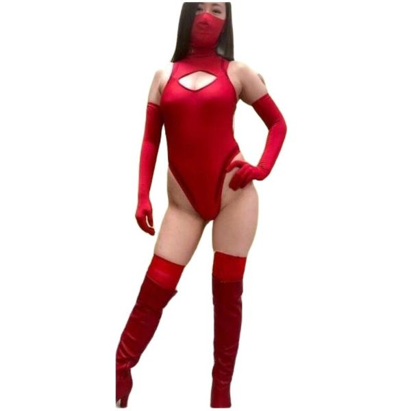 Disfraces de catsuit rojos Monos de spandex para mujer Sexy Girl Lady Hero Zentai Leotardo con máscara