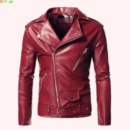 Cadena roja decoración motocicleta bombardero chaqueta de cuero hombres otoño cuello vuelto slim fit abrigos de cuero masculino S-5XL 240202