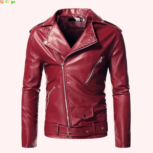 Cadena roja Decoración Motocicleta Bombardero Chaqueta de cuero Hombres Otoño Cuello vuelto Slim Fit Abrigos de cuero masculino S-5XL 240301