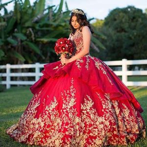 Red Charro Quinceanera Dresses 2022 Princess Spaghetti Strap Gold Applique Lace Sweet 16 Party Jurk Vintage Vestido de 15 Anos Robe Bal Middeleeuwse afstudeerslijtage