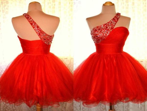 Vestidos de regreso a casa cortos de un hombro rojo barato con cuentas y cristales Vestidos de Festa Mini Aline Party Prom Gow6651422