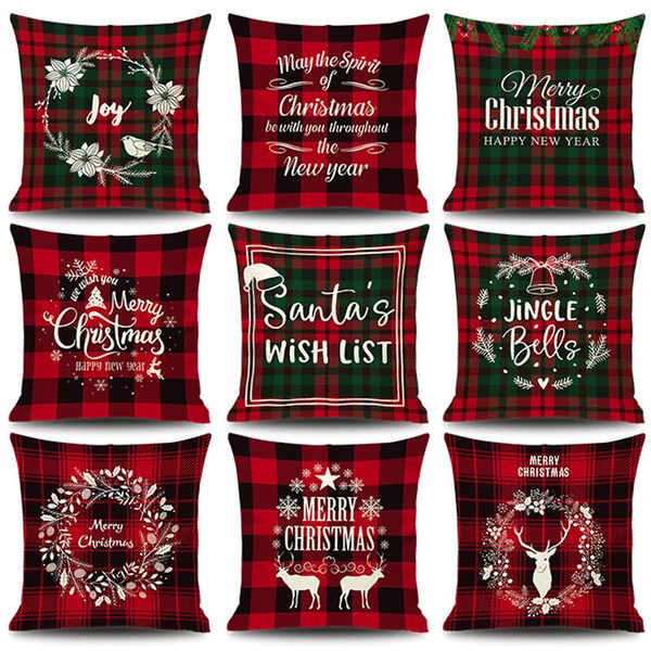 Funda de almohada navideña a cuadros rojos, lista de deseos de Papá Noel, cascabeles, tema navideño, decoración de Feliz Año Nuevo, funda de cojín