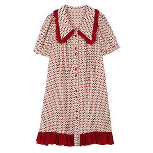 Red Cherry Print Peter Pan Collar Ruche Button Korte Mouw Mini Dress Casual Zomer D1409 210514