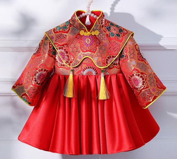 Robe de fille de fleur à manches longues en satin brodé de style chinois rouge