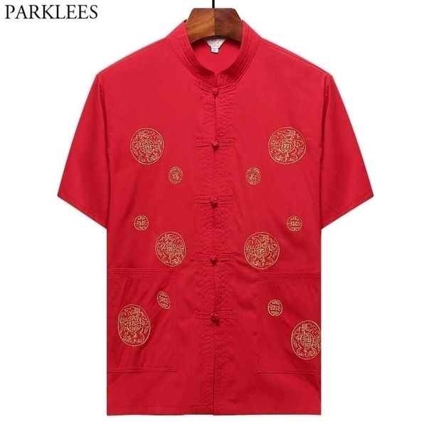 Red chino estilo tradicional camisa de lino hombres soporte de collar bordado camisa tang manga corta tai chi wushu china camisa ropa 210522