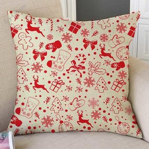 Diseño de Navidad rojo Patrón Árbol de Navidad Reno Jengibre Barba Hombre Decoración para el hogar Funda de almohada Funda de cojín de sofá de lino de algodón