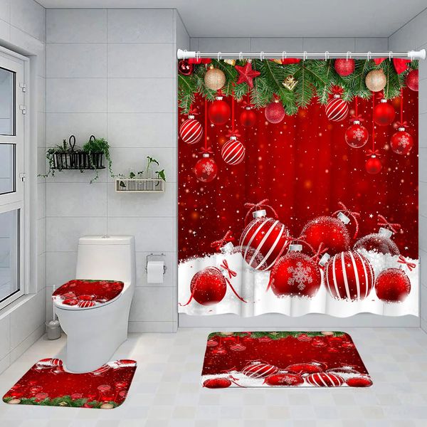 Ensemble de rideau de douche de Noël rouge Branches de pin vert Boules de corde Flocons de neige Décoration de salle de bain de Noël Tapis de bain Housse d'abattant de toilette 231225