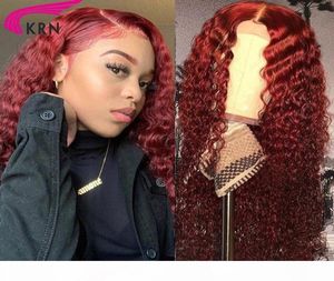 Rode Kleur 13x4 Lace Front synthetische Pruiken Pre Geplukt Diep Krullend Haarkant Natuurlijke Haarlijn Diep Deel Braziliaanse Wig1504296374