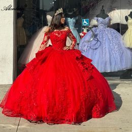 Color rojo cuello de bote mangas llenas vestidos de quinceanera