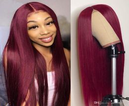 Rode Kleur Braziliaanse Remy HairGlueless Lange Rechte 99J 13x4 Lace Front Menselijk Haar Pruik Pre Geplukt Met Baby haar3488438