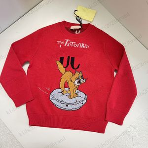 Sudaderas para niños de color rojo, sudaderas con capucha de punto para niños de diseñador de marca, jersey con cuello redondo, suéteres de punto con estampado de gato encantador para niños